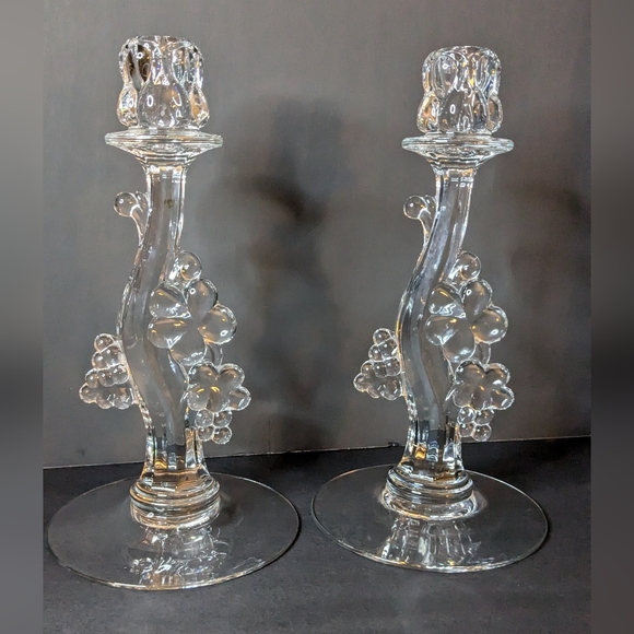 Vintage Heisey Glass 10" Candlesticks Grape Cluster #1445 Crystal Set Of 2 - Picture 1 of 8